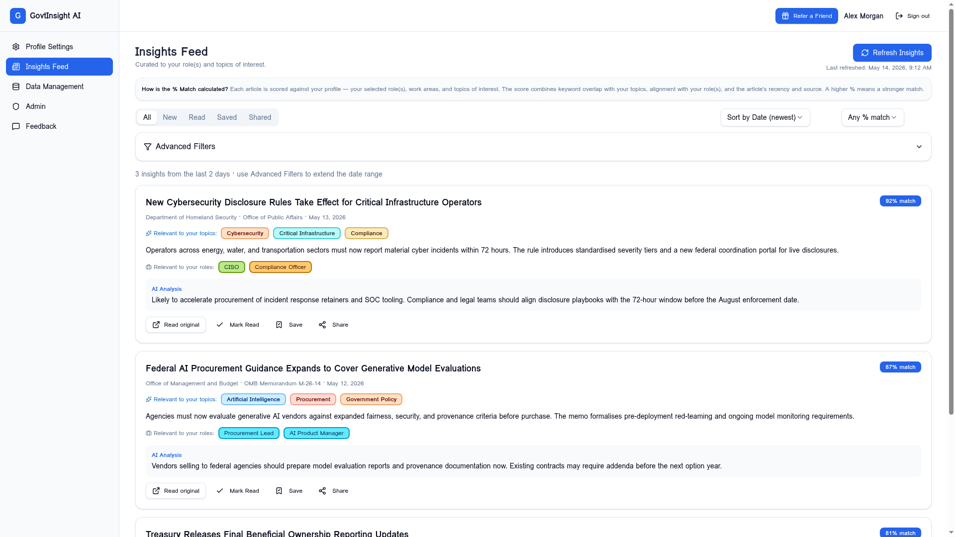 GovtInsight AI Insights Feed showing scored articles with topics, work area(s) matches, and AI analysis